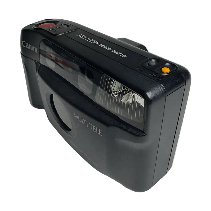 High-angle front view of black Canon 35mm film camera with built-in flash and dual lens apertures at ClubCamera.com