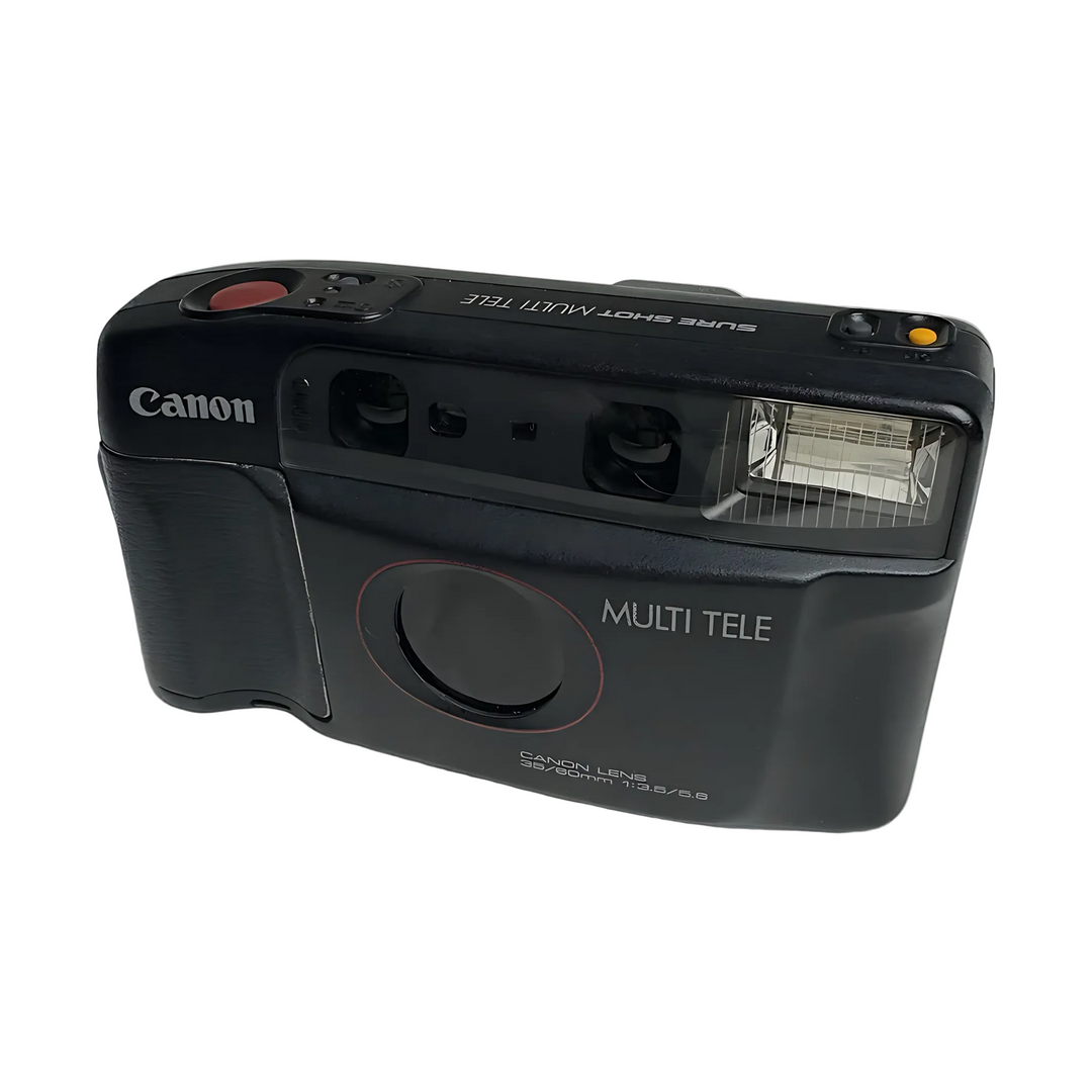 Front view of black Canon Sure Shot Multi Tele displaying 35/60mm lens specs and white branding text from ClubCamera.com