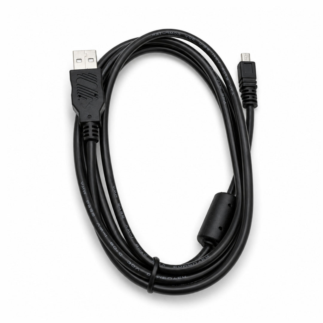 ClubCamera.com coiled black USB 2.0 camera cable showing printed specs and durable construction for photo transfer