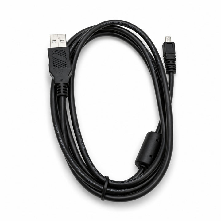 ClubCamera.com coiled black USB 2.0 camera cable showing printed specs and durable construction for photo transfer