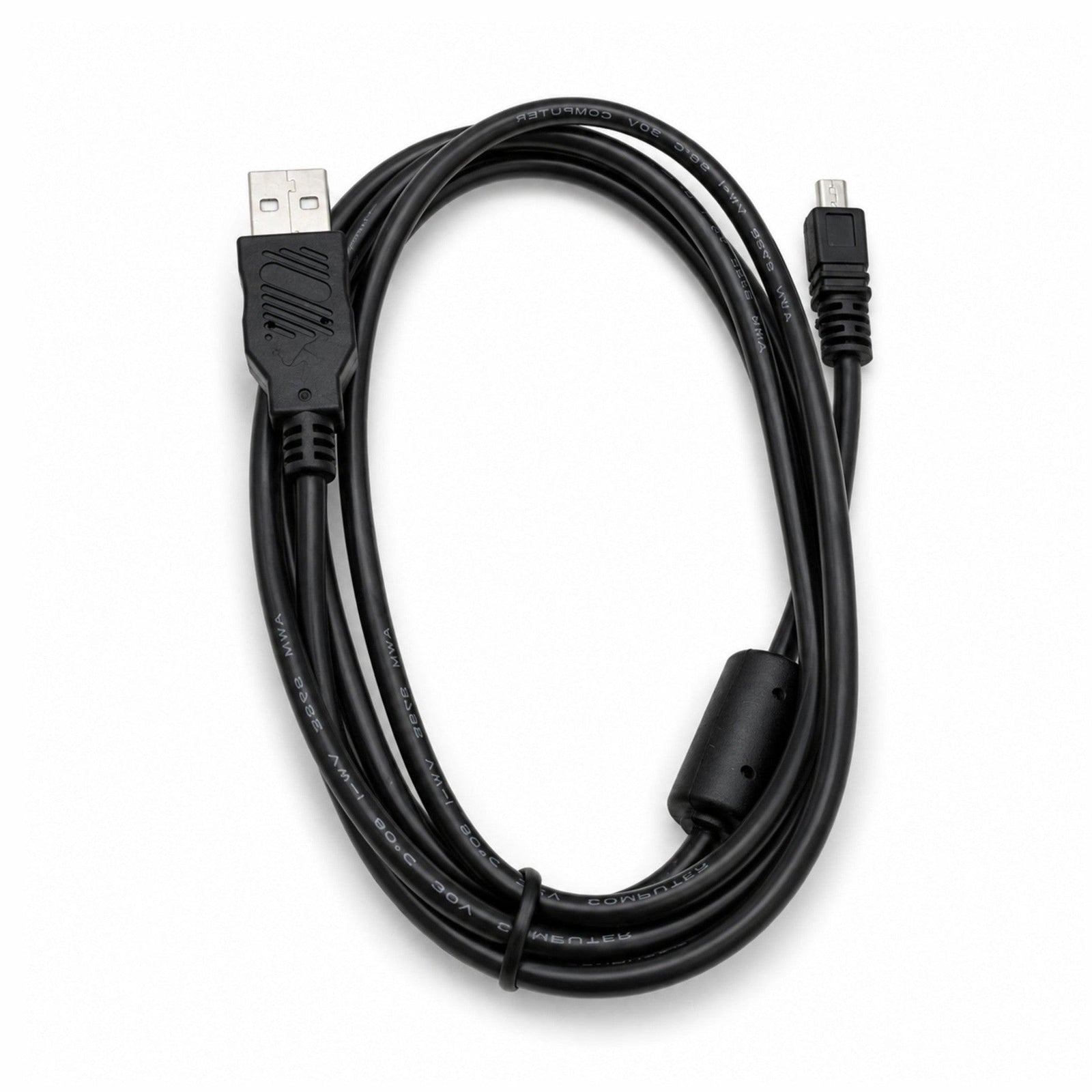 ClubCamera.com black Mini USB cable for digital cameras with visible 5V 1A text and embossed logo