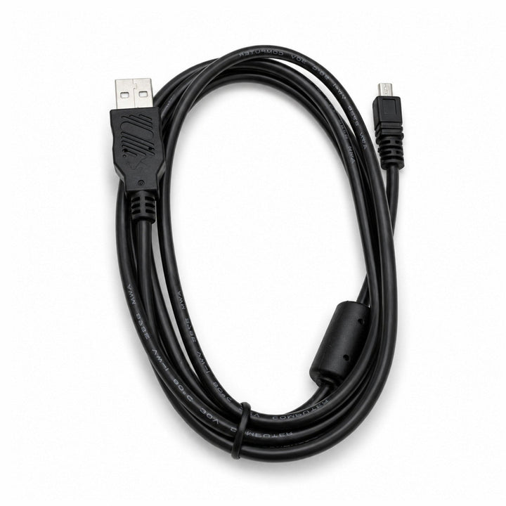 ClubCamera.com black Mini USB cable for digital cameras with visible 5V 1A text and embossed logo