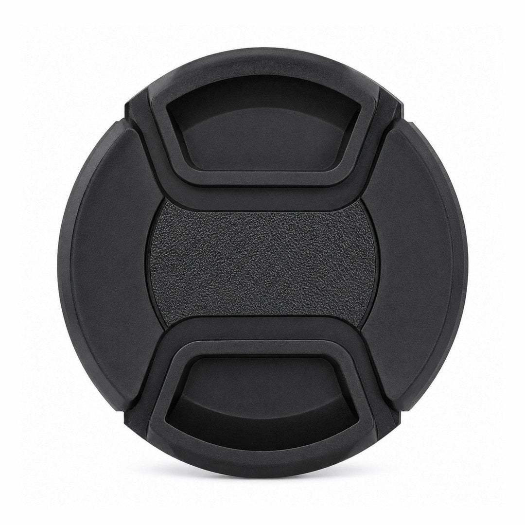ClubCamera.com black 55mm snap-on camera lens cap with pebbled rubberized center grip and ergonomic pinch tabs