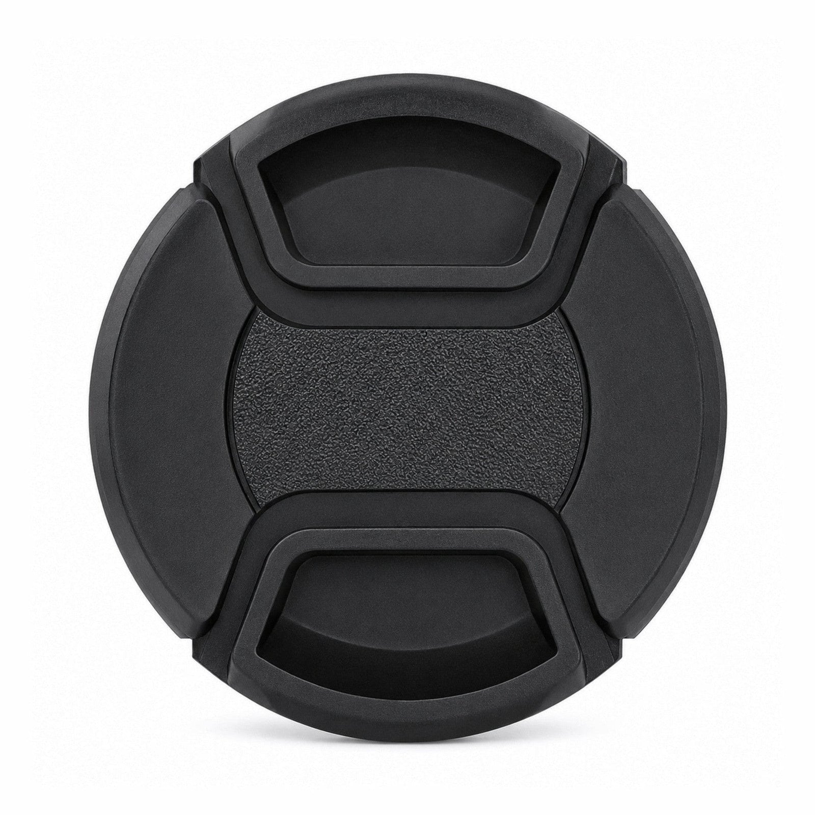 ClubCamera.com black 55mm snap-on camera lens cap with pebbled rubberized center grip and ergonomic pinch tabs