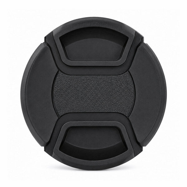 ClubCamera.com black 55mm snap-on camera lens cap with pebbled rubberized center grip and ergonomic pinch tabs