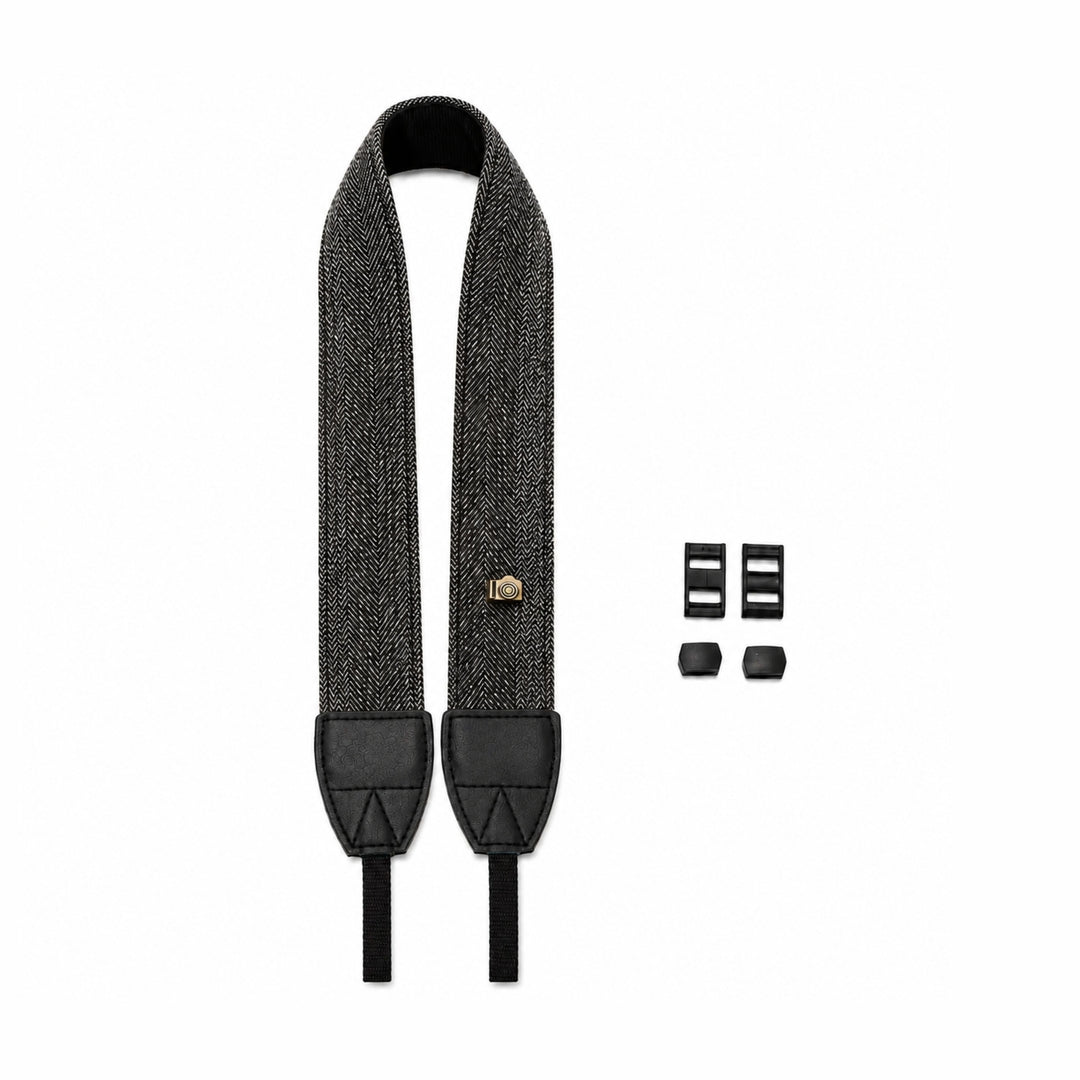 ClubCamera.com universal adjustable camera strap showing symmetrical herringbone weave and hardware