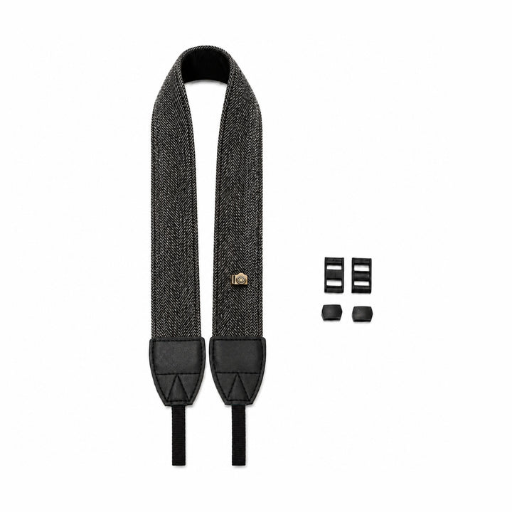 ClubCamera.com universal adjustable camera strap showing symmetrical herringbone weave and hardware