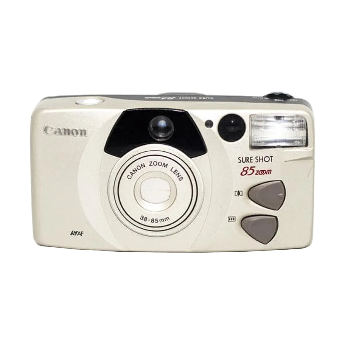 ClubCamera Canon Sure Shot 85 Zoom beige film camera front view with black accents and zoom lens