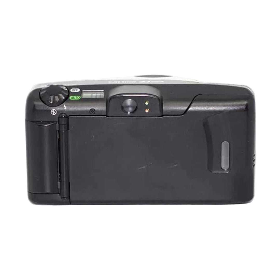 ClubCamera Canon Sure Shot 85 Zoom rear view showing mode dial, battery door, and matte black finish