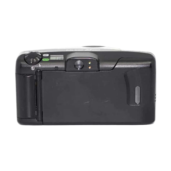 ClubCamera Canon Sure Shot 85 Zoom rear view showing mode dial, battery door, and matte black finish