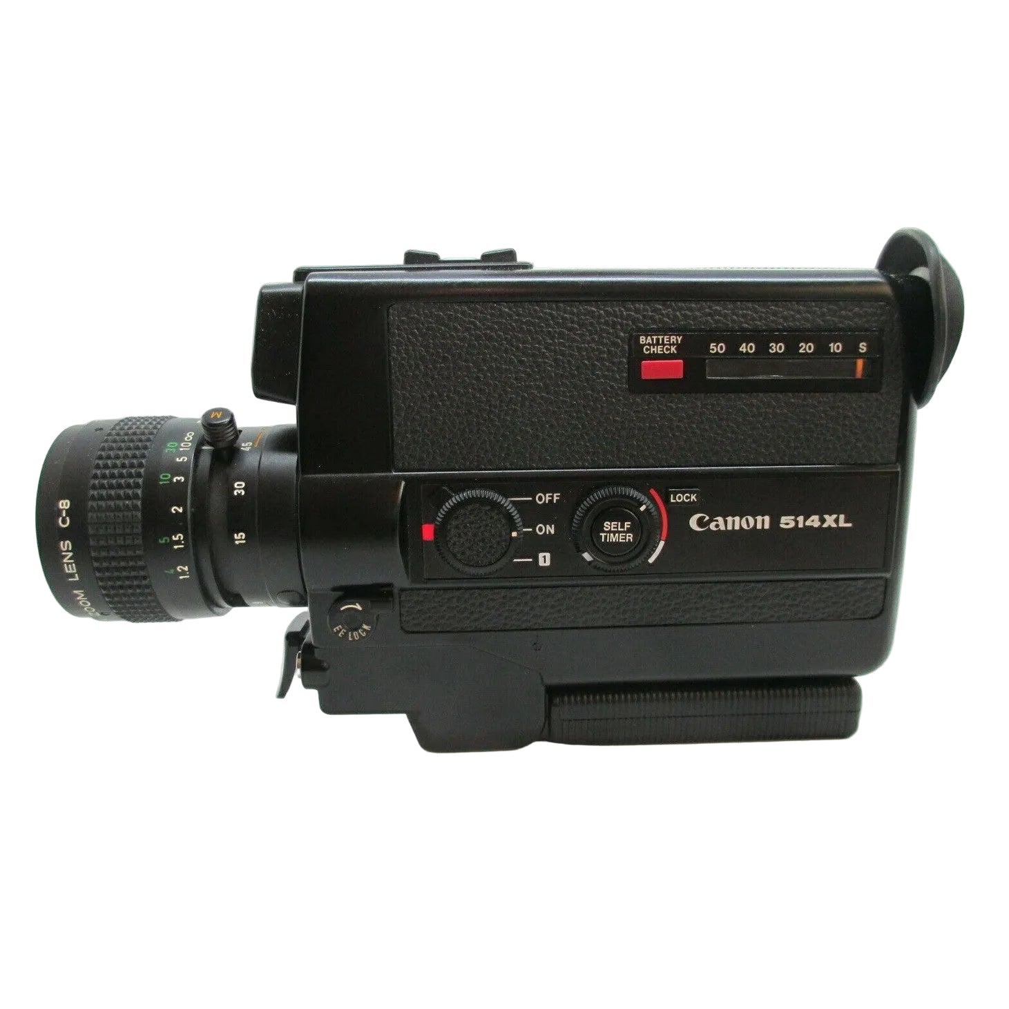 Control panel detail of Canon 514XL Super 8 camera by ClubCamera.com with power switch and battery indicator