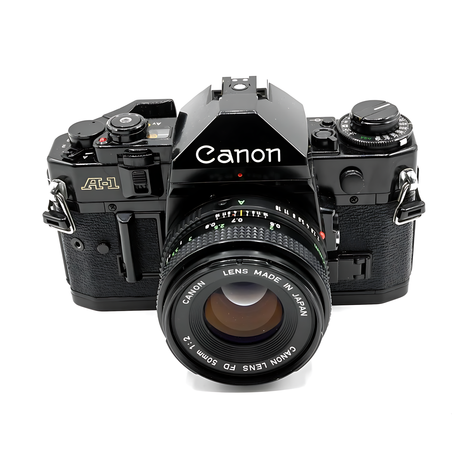 Front view of black Canon A-1 SLR with FD 50mm f/2 lens showing Av Tv M P modes at ClubCamera.com