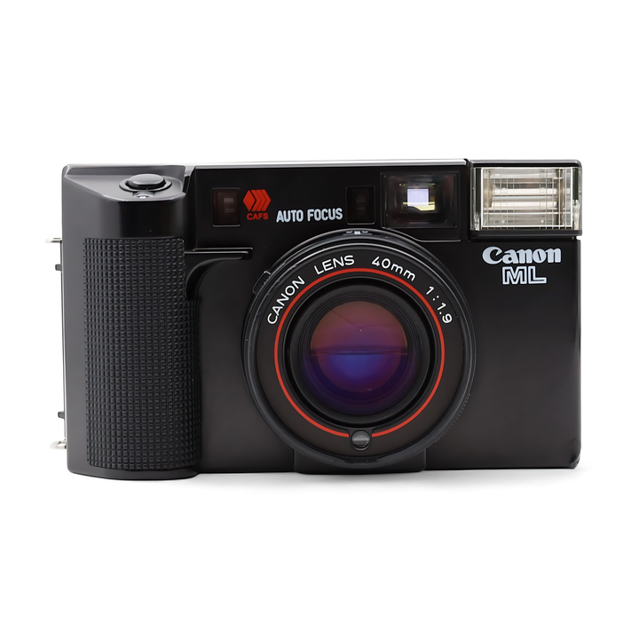 Studio shot of black Canon AF35ML with 40mm f/1.9 lens and textured grip available at ClubCamera.com