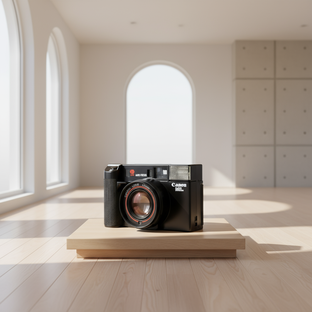 Vintage Canon AF35ML point-and-shoot on wood pedestal in bright room by ClubCamera.com
