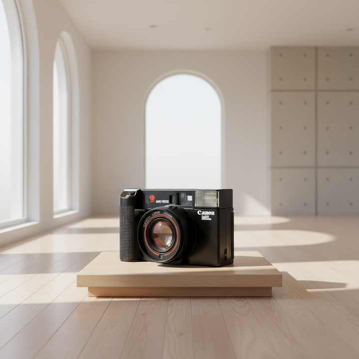 Vintage Canon AF35ML point-and-shoot on wood pedestal in bright room by ClubCamera.com