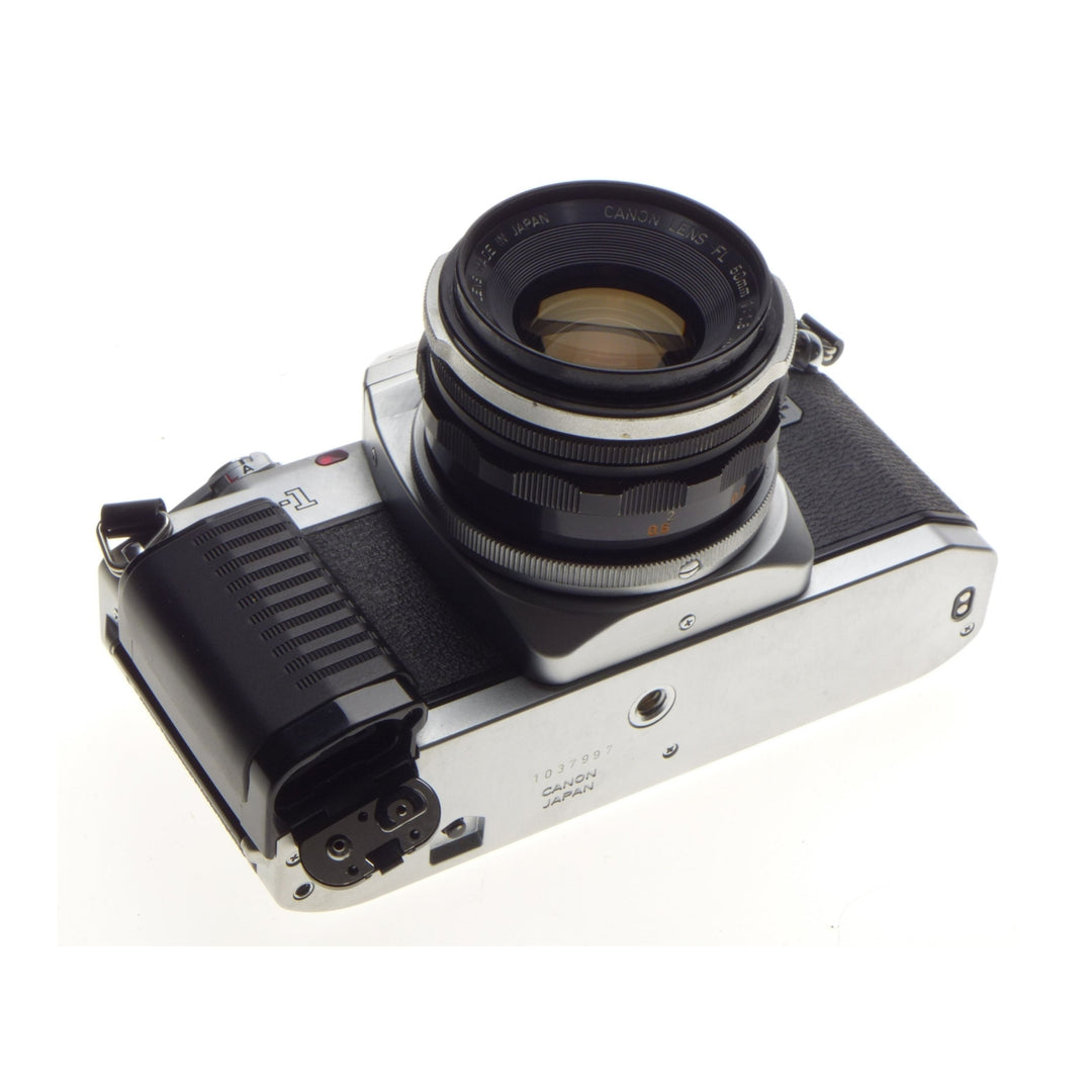Canon AL-1 high-angle rear view with FD 50mm lens and exposed hot shoe at ClubCamera.com