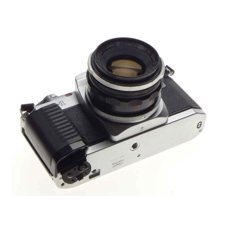 Canon AL-1 high-angle rear view with FD 50mm lens and exposed hot shoe at ClubCamera.com
