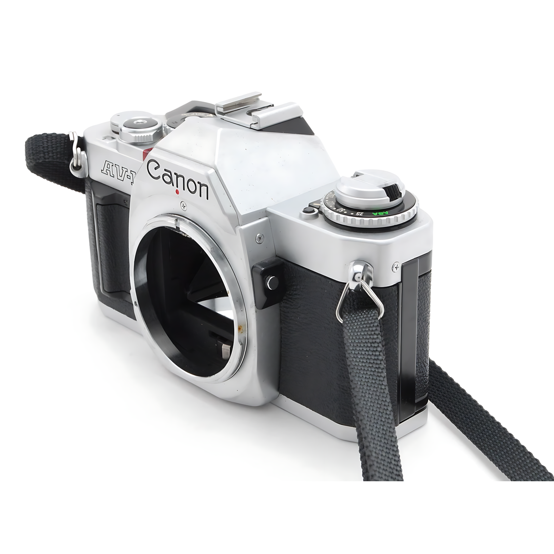 Vintage Canon AV-1 body with green shutter dial and woven strap from ClubCamera.com
