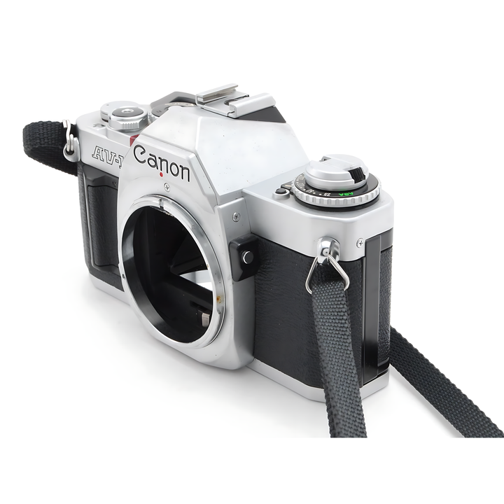 Vintage Canon AV-1 body with green shutter dial and woven strap from ClubCamera.com