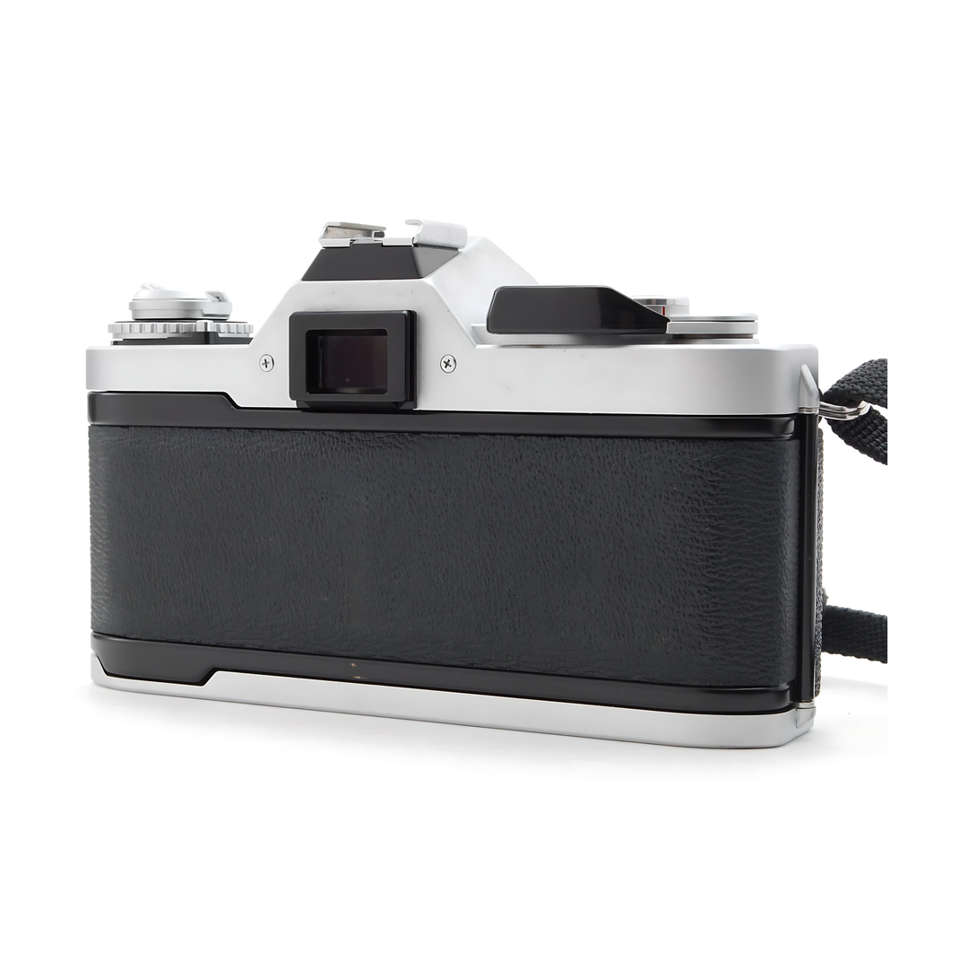 Rear view of Canon AV-1 SLR with textured leatherette back and viewfinder at ClubCamera.com