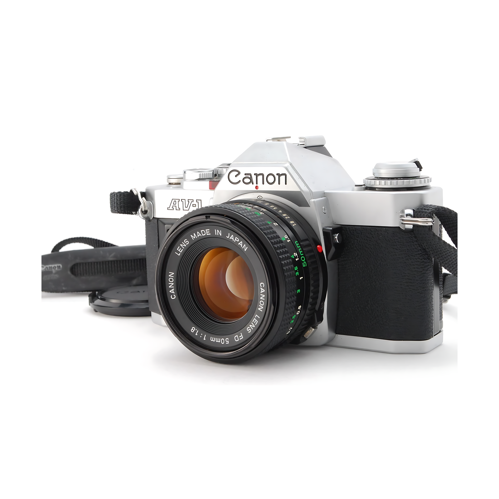 Canon AV-1 with FD 50mm f/1.8 lens mounted featuring Japan markings at ClubCamera.com