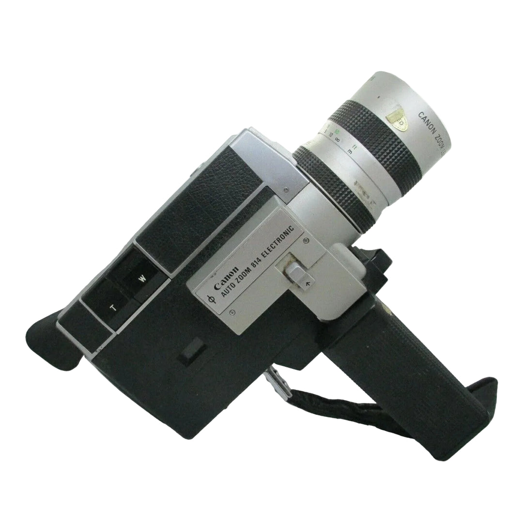 Canon Auto Zoom 814 Electronic Super 8 diagonal ergonomic design matte black brushed silver ClubCamera.com