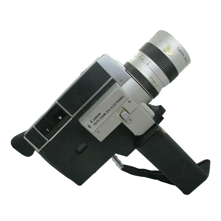 Canon Auto Zoom 814 Electronic Super 8 diagonal ergonomic design matte black brushed silver ClubCamera.com