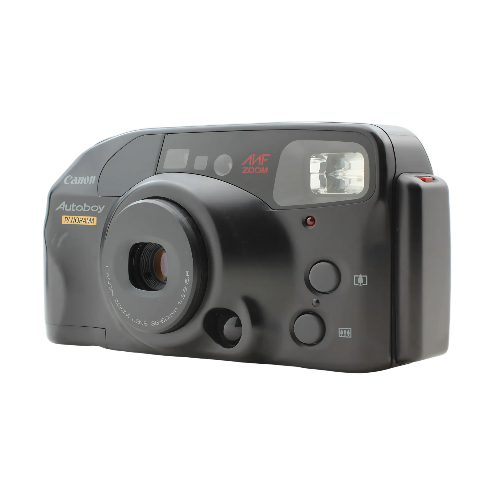 Front angled shot of black Canon Autoboy Panorama 35mm point-and-shoot film camera with built-in flash from ClubCamera.com