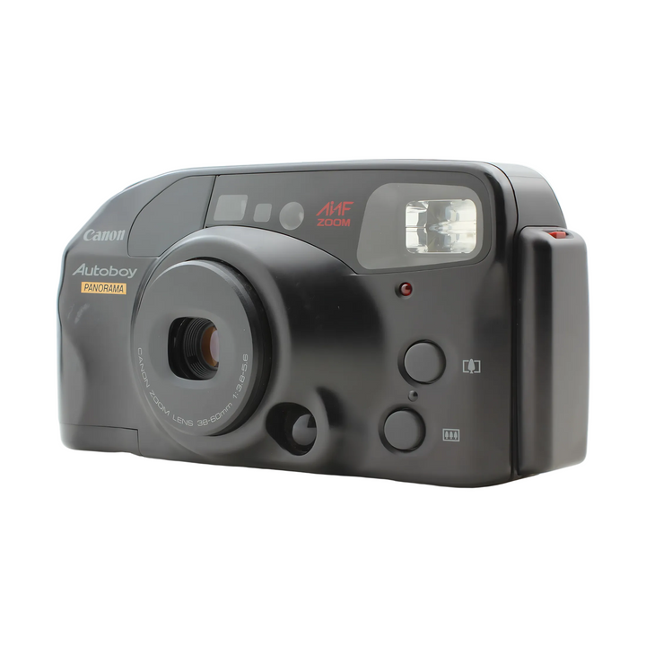 Front angled shot of black Canon Autoboy Panorama 35mm point-and-shoot film camera with built-in flash from ClubCamera.com