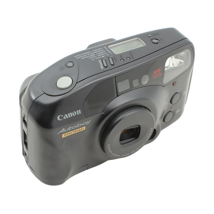 Black Canon Autoboy Panorama 35mm film camera showing orange Panorama label and caption text options at ClubCamera.com