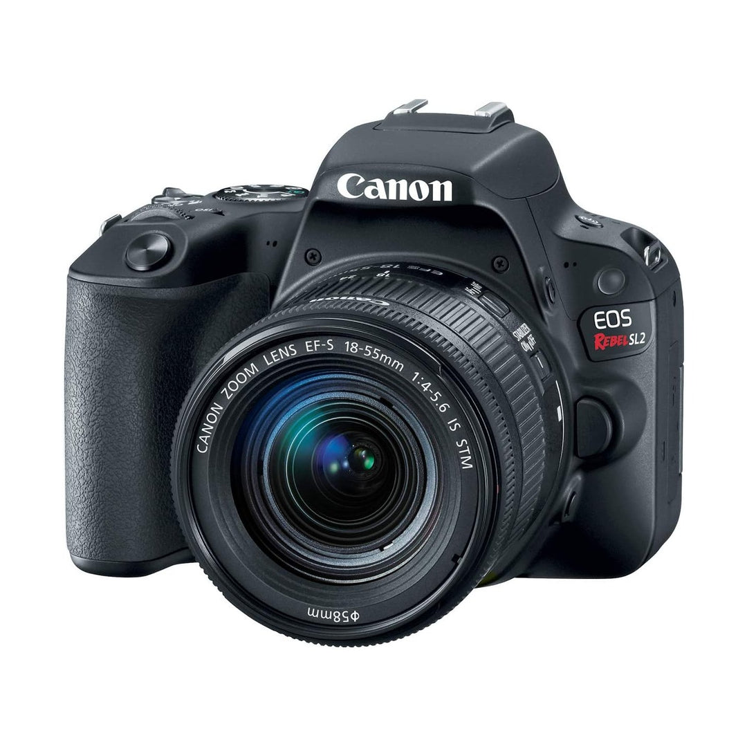 Canon EOS Rebel SL2 DSLR camera in black with EF-S 18-55mm lens at ClubCamera.com showing textured grip and control dials