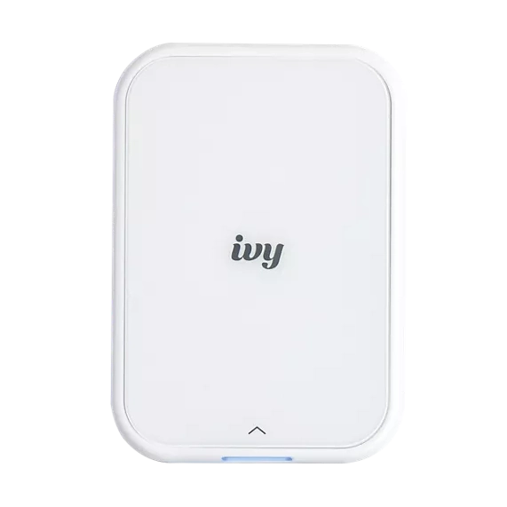 ClubCamera.com Canon Ivy 2 Mini Photo Printer front view with glowing blue status LED strip and minimalist matte white finish