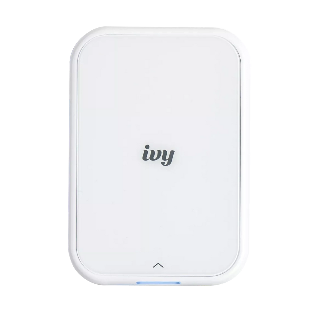 ClubCamera.com white Canon Ivy Mini Photo Printer front view with blue LED indicator light
