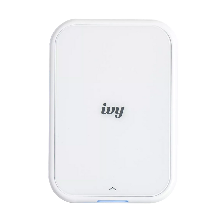 ClubCamera.com white Canon Ivy Mini Photo Printer front view with blue LED indicator light
