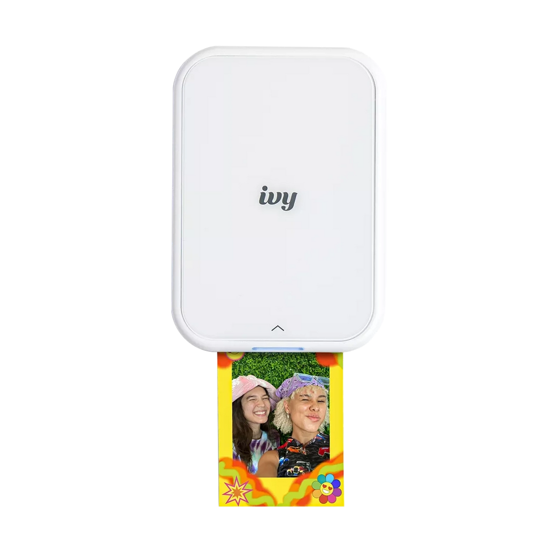 ClubCamera.com Canon Ivy Mini Photo Printer outputting portrait photo with yellow decorative border