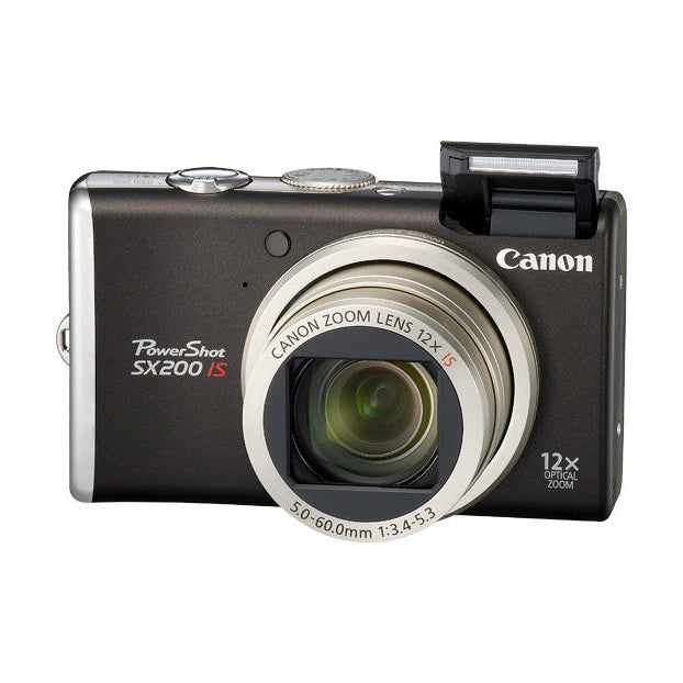 Canon PowerShot SX200 IS black digital camera with 12x optical zoom lens and silver metallic panels at ClubCamera.com