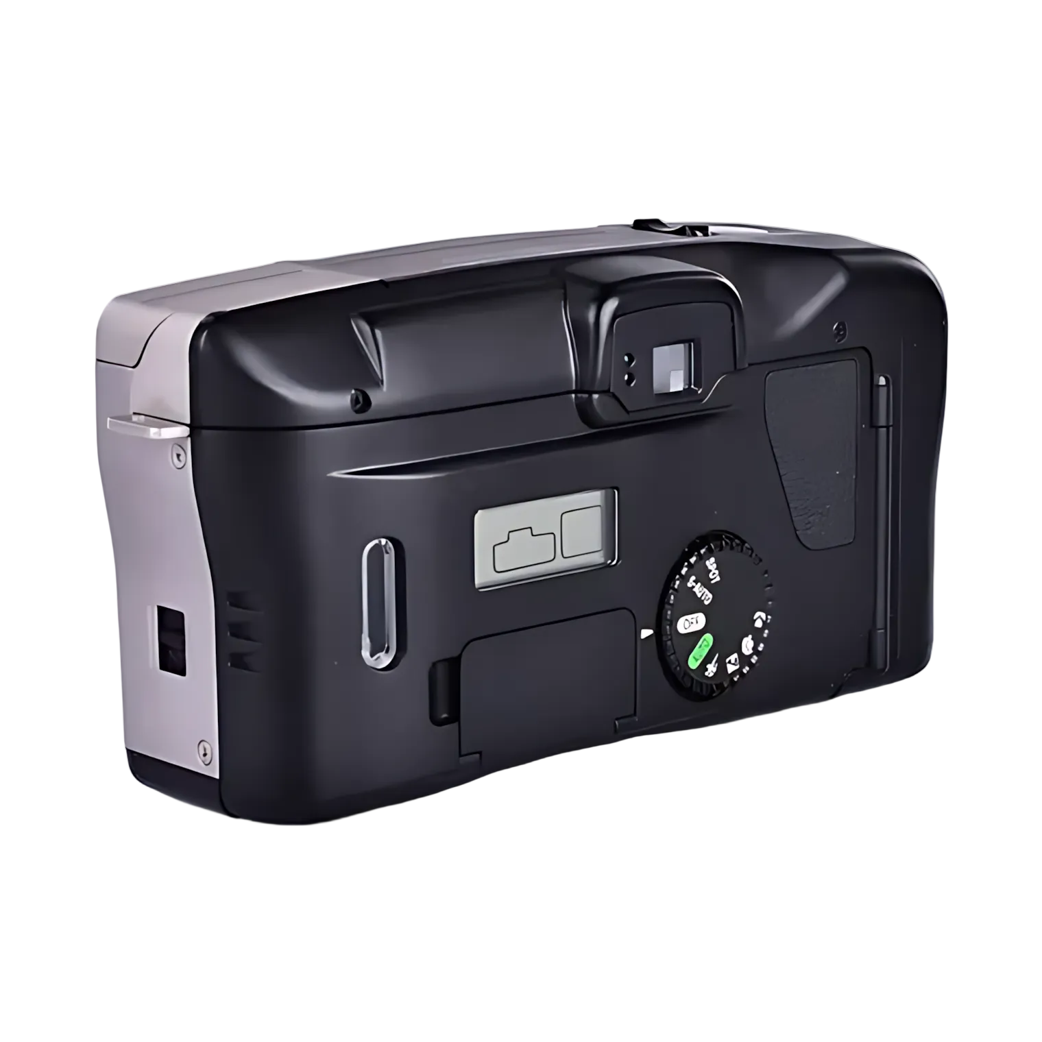 Side-rear angle of black Canon Prima Super 135 displaying mode dial with P, A, M settings and green E indicator light from ClubCamera.com