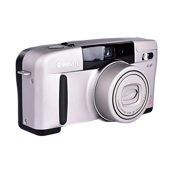 Silver Canon Prima Super 135 compact film camera with prominent zoom lens barrel and red J5 badge on matte finish at ClubCamera.com