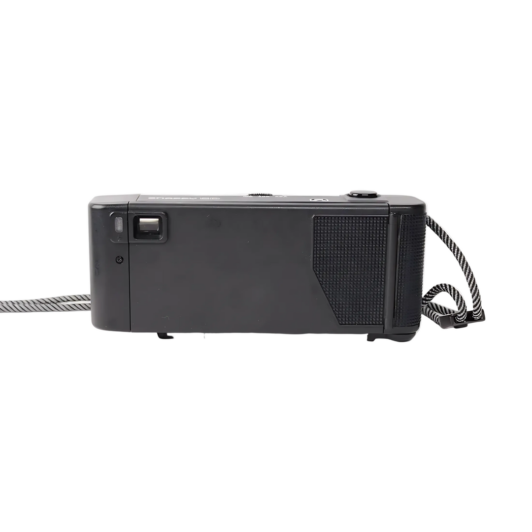 Back view of black Canon Snappy 50 highlighting ergonomic grip and simple point-and-shoot design at ClubCamera.com