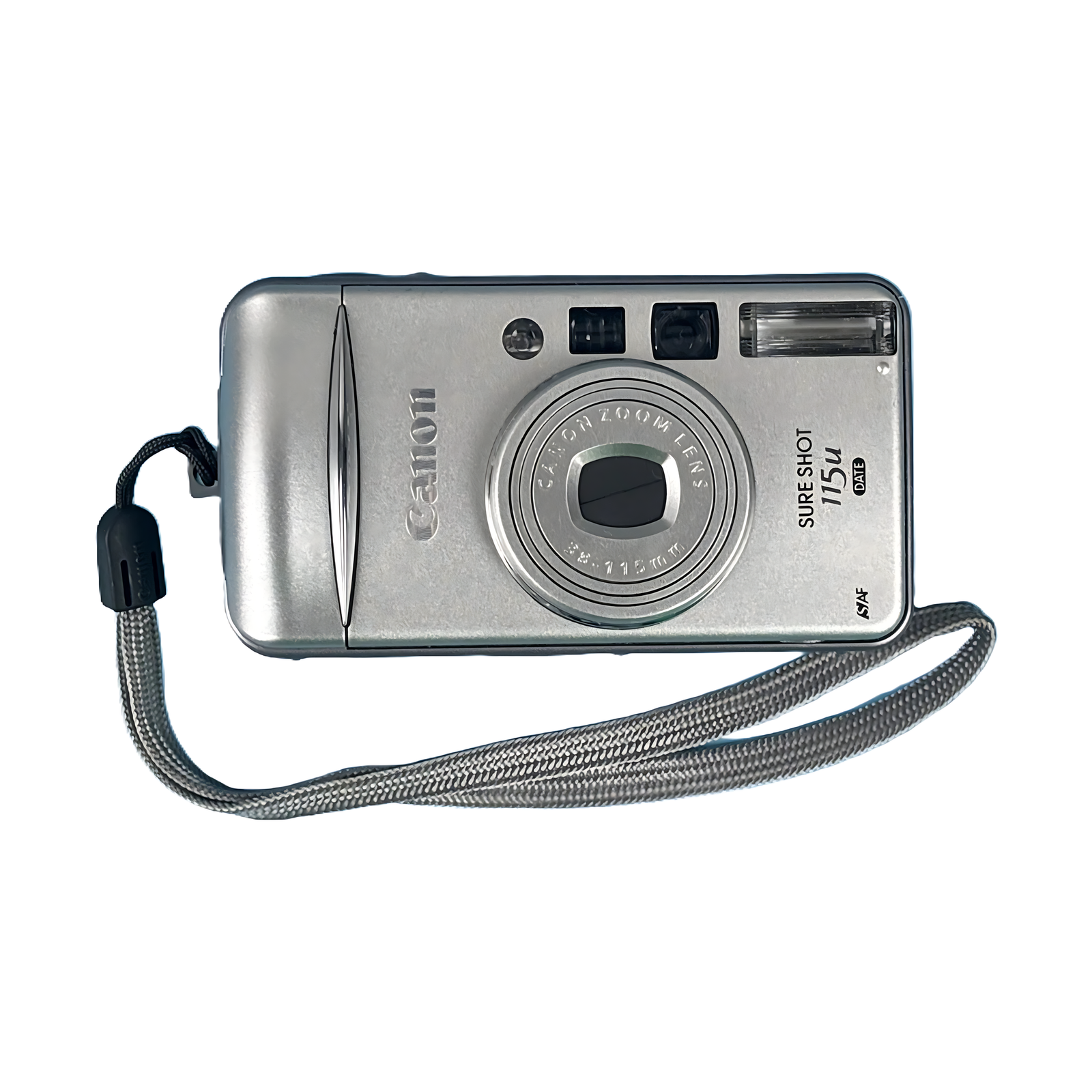 Silver Canon Sure Shot 115u film camera front view with zoom lens and ClubCamera.com
