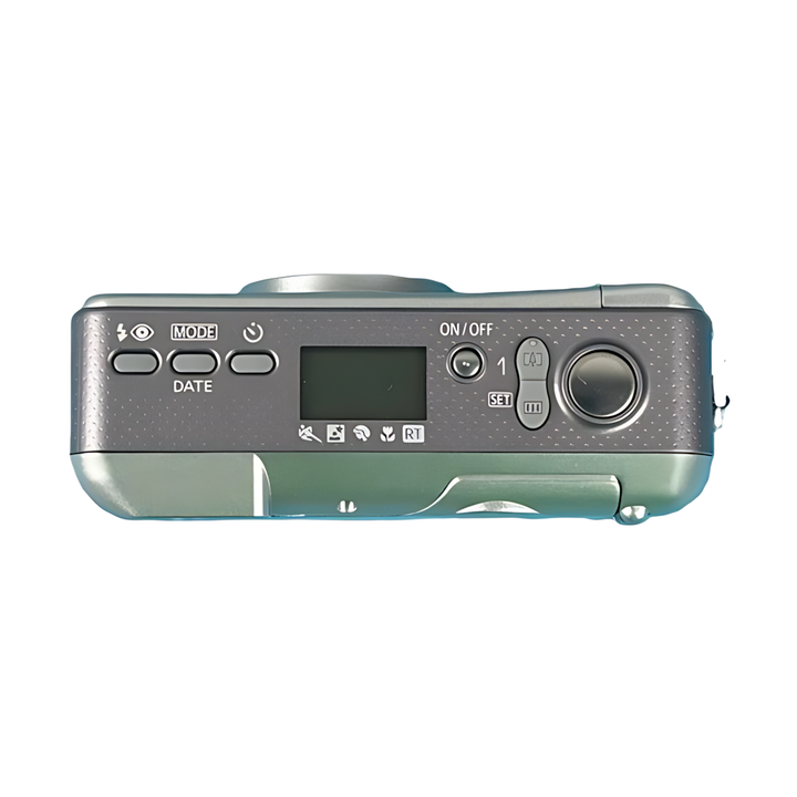 Top control layout of silver Canon 115u film camera with LCD screen and mode dial at ClubCamera.com