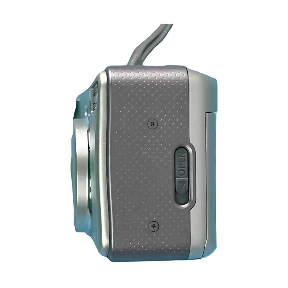 Right side of silver Canon Sure Shot 115u highlighting film door and matte gray texture at ClubCamera.com