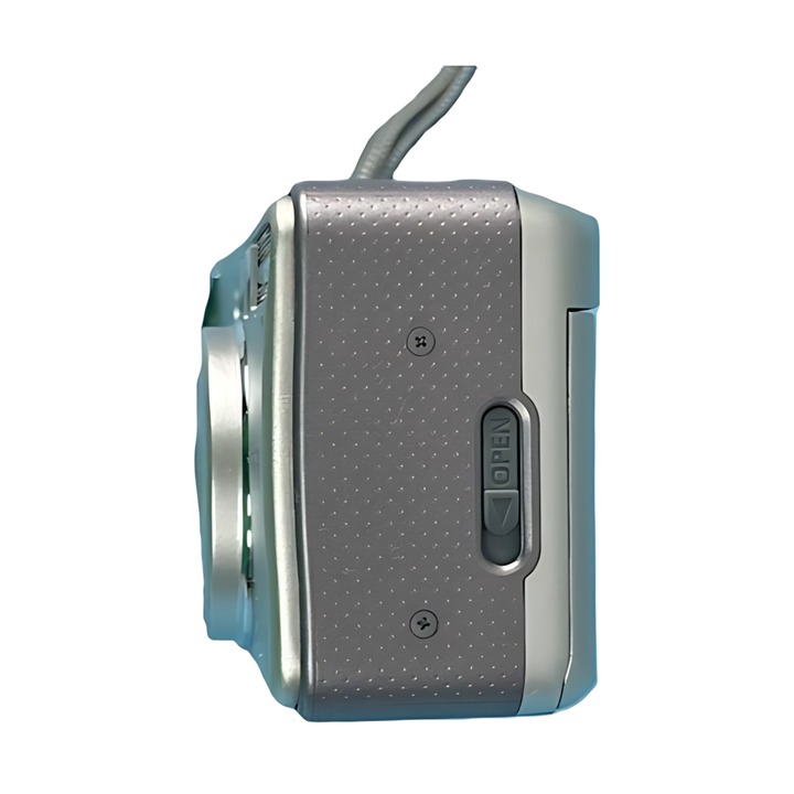 Right side of silver Canon Sure Shot 115u highlighting film door and matte gray texture at ClubCamera.com