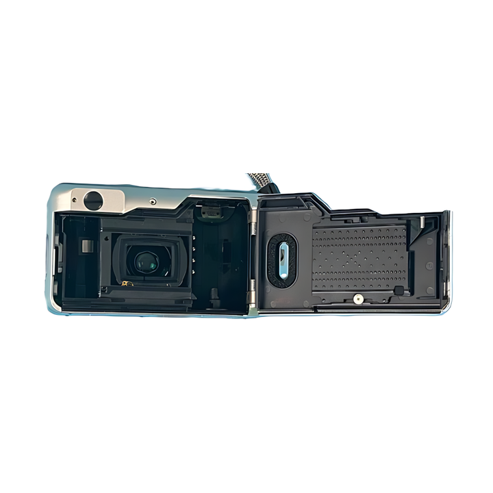 Open rear view of silver Canon 115u revealing internal black chassis and film mechanism at ClubCamera.com