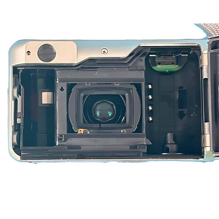 Internal mechanics of Canon Sure Shot 115u with zoom lens assembly and shutter curtain visible at ClubCamera.com