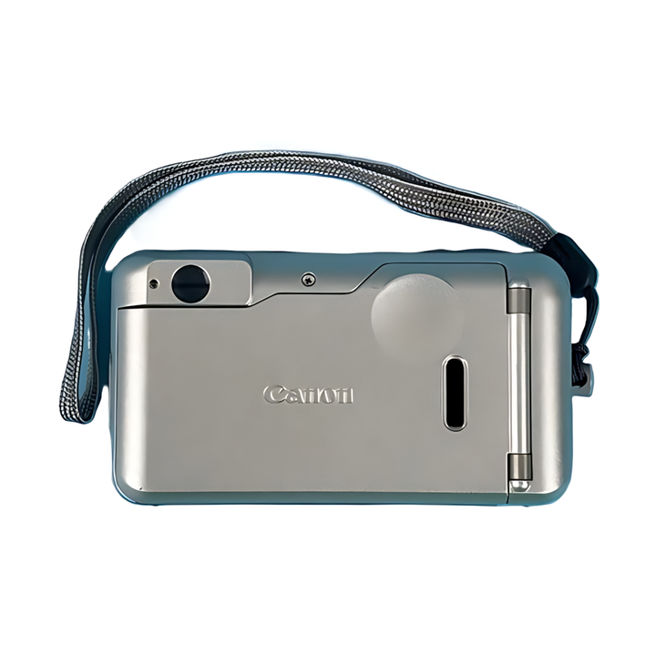 Rear brushed silver Canon 115u film camera with embossed logo and braided strap from ClubCamera.com
