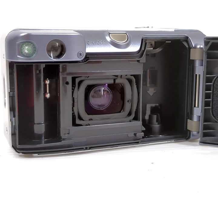 Open back view Canon Sure Shot 130uII film chamber shutter mechanism and ON/OFF switch at ClubCamera.com