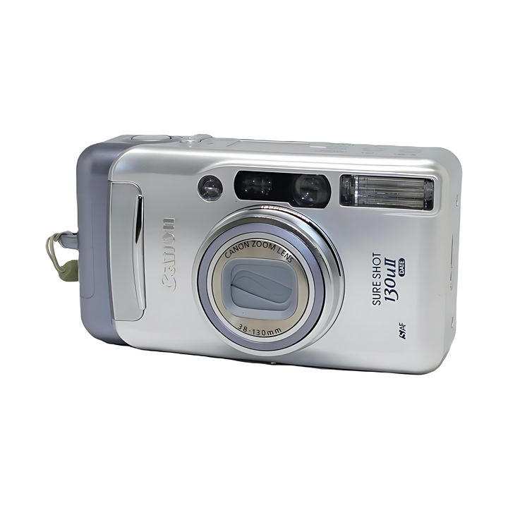 Canon Sure Shot 130uII silver film camera with 38-130mm zoom lens and green wrist strap from ClubCamera.com