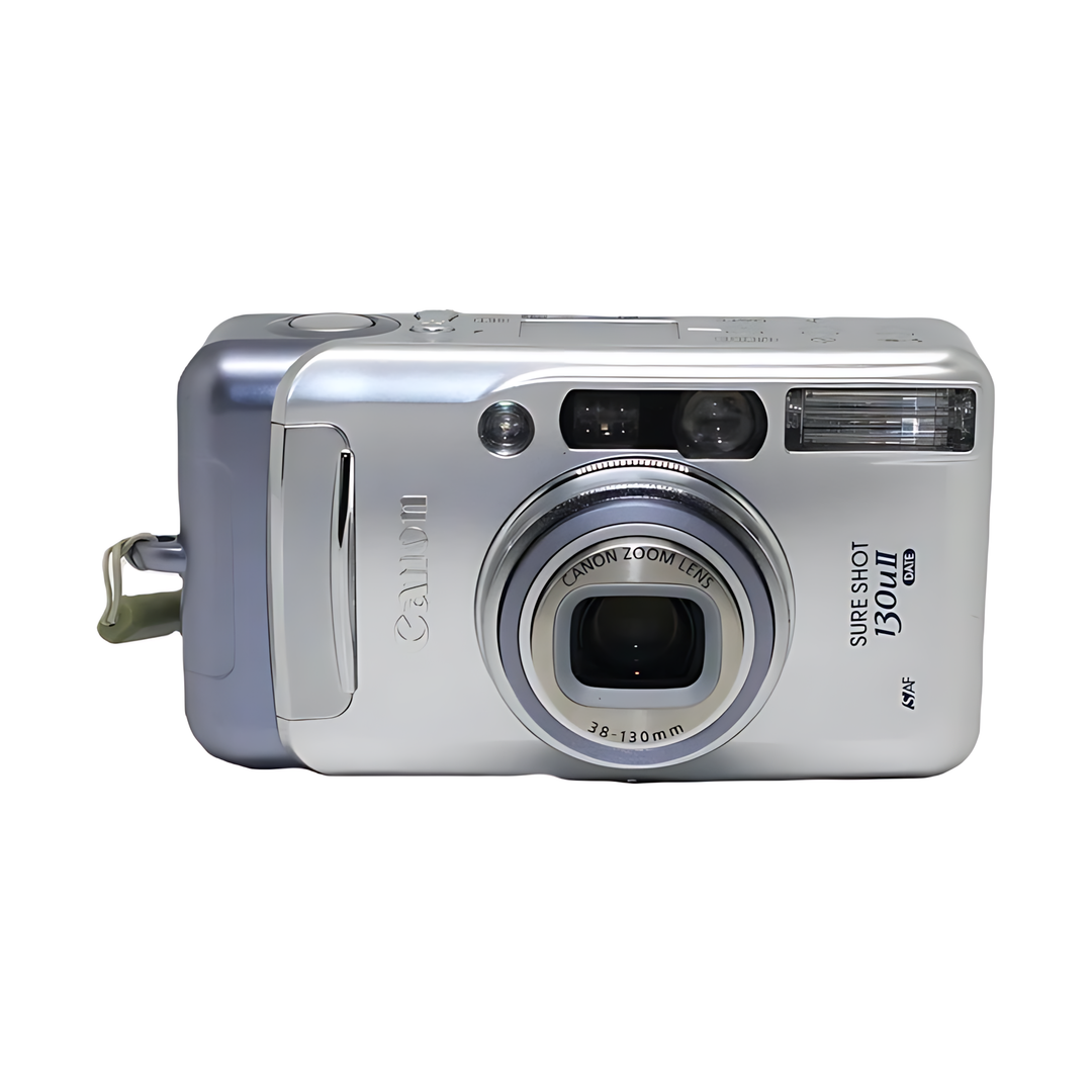Front close-up Canon Sure Shot 130uII DATE autofocus camera with 38-130mm zoom lens branding at ClubCamera.com