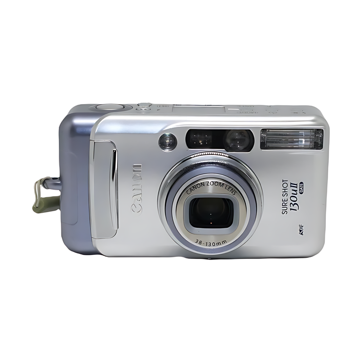 Front close-up Canon Sure Shot 130uII DATE autofocus camera with 38-130mm zoom lens branding at ClubCamera.com